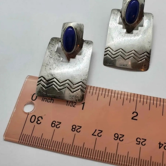 Vintage Navajo Mark Jimenez Sterling Silver Lapis Lazuli Earrings - Picture 5 of 9